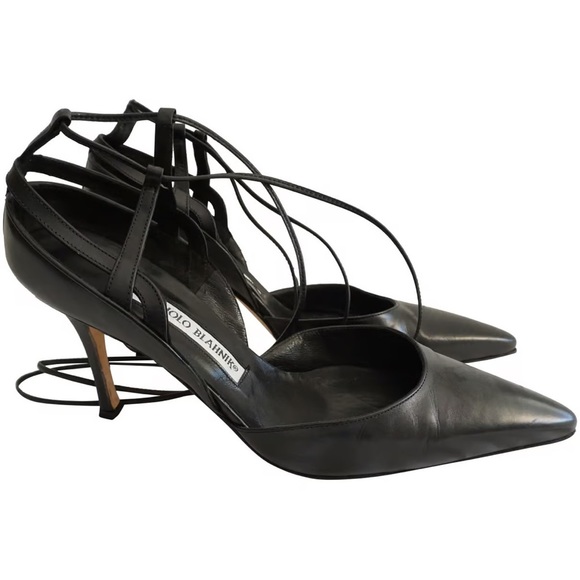 Manolo Blahnik Caracalla Pointy Toe Strappy Lace Up Heels Black Leather Sz:40 - Picture 2 of 9